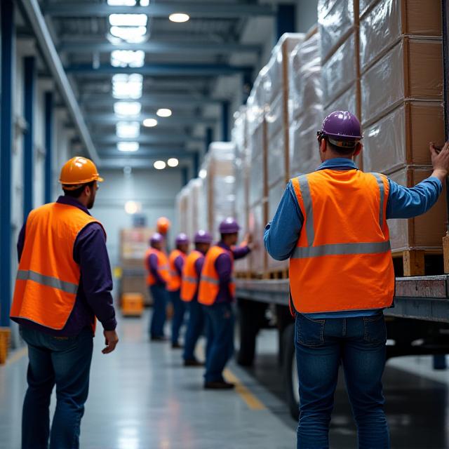 Workers loading freight onto a trailer