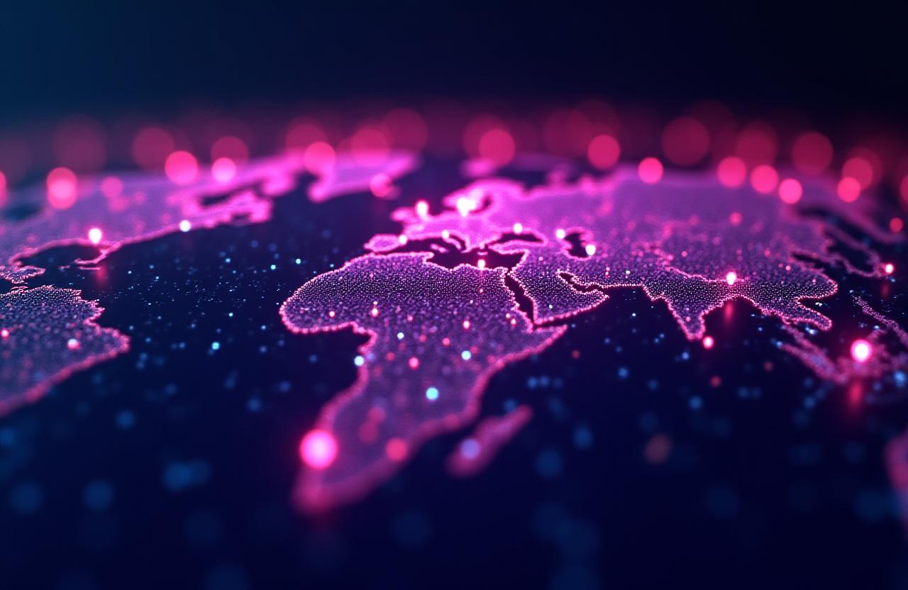 Logistics network visualization with glowing transit nodes and global shipping routes