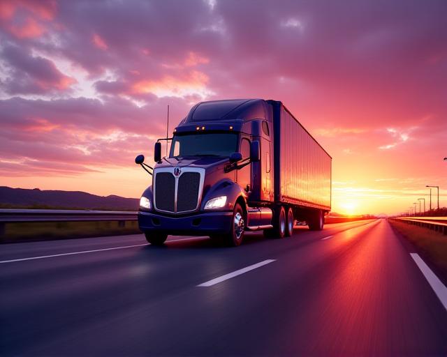 Modern logistics truck on a sunset highway