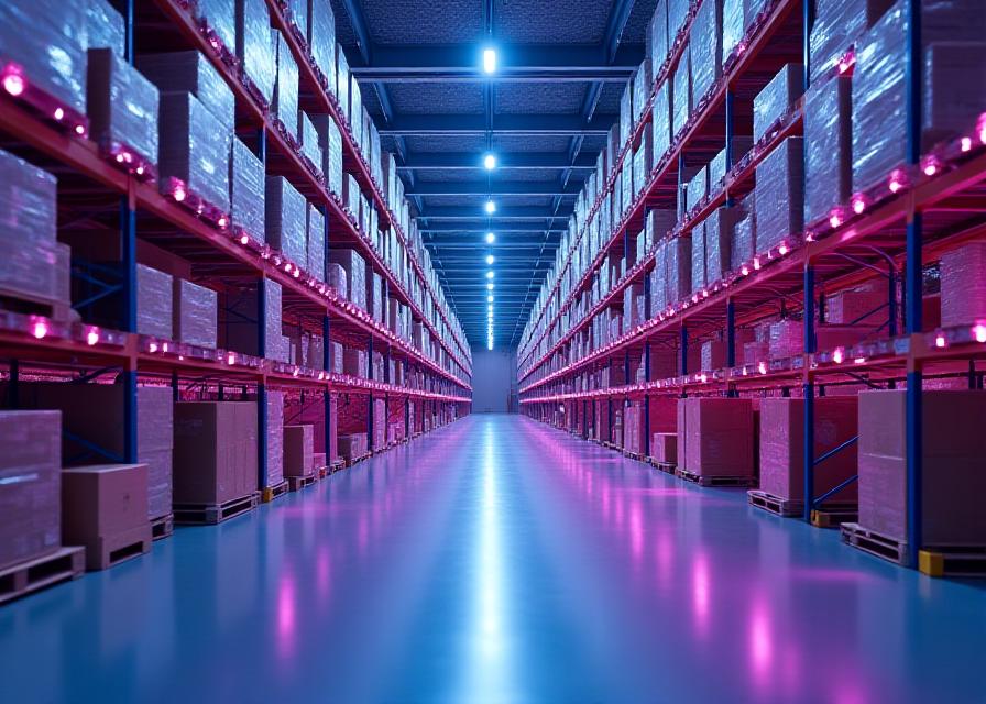 High-tech modern warehouse facility with organized pallet racking