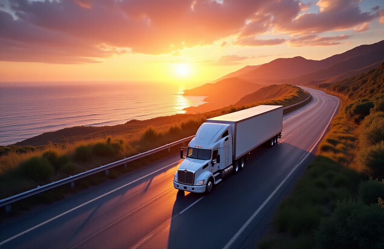 Modern logistics truck on a sunlit highway