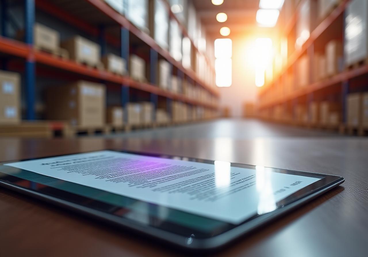 A sleek tablet displaying legal documents on a wooden desk with a logistics warehouse in the background blur